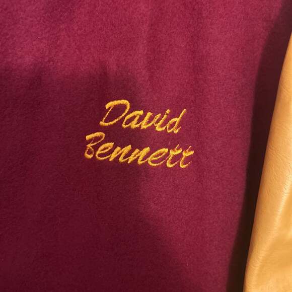 DeLong 80’s Howard Varsity Jacket Red & Mustard Wool Leather - Picture 3 of 6